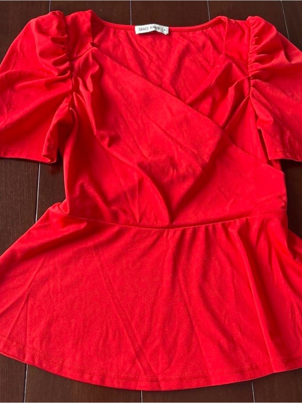 Grace Karin Vibrant Red Puff-Sleeve Wrap Peplum Top